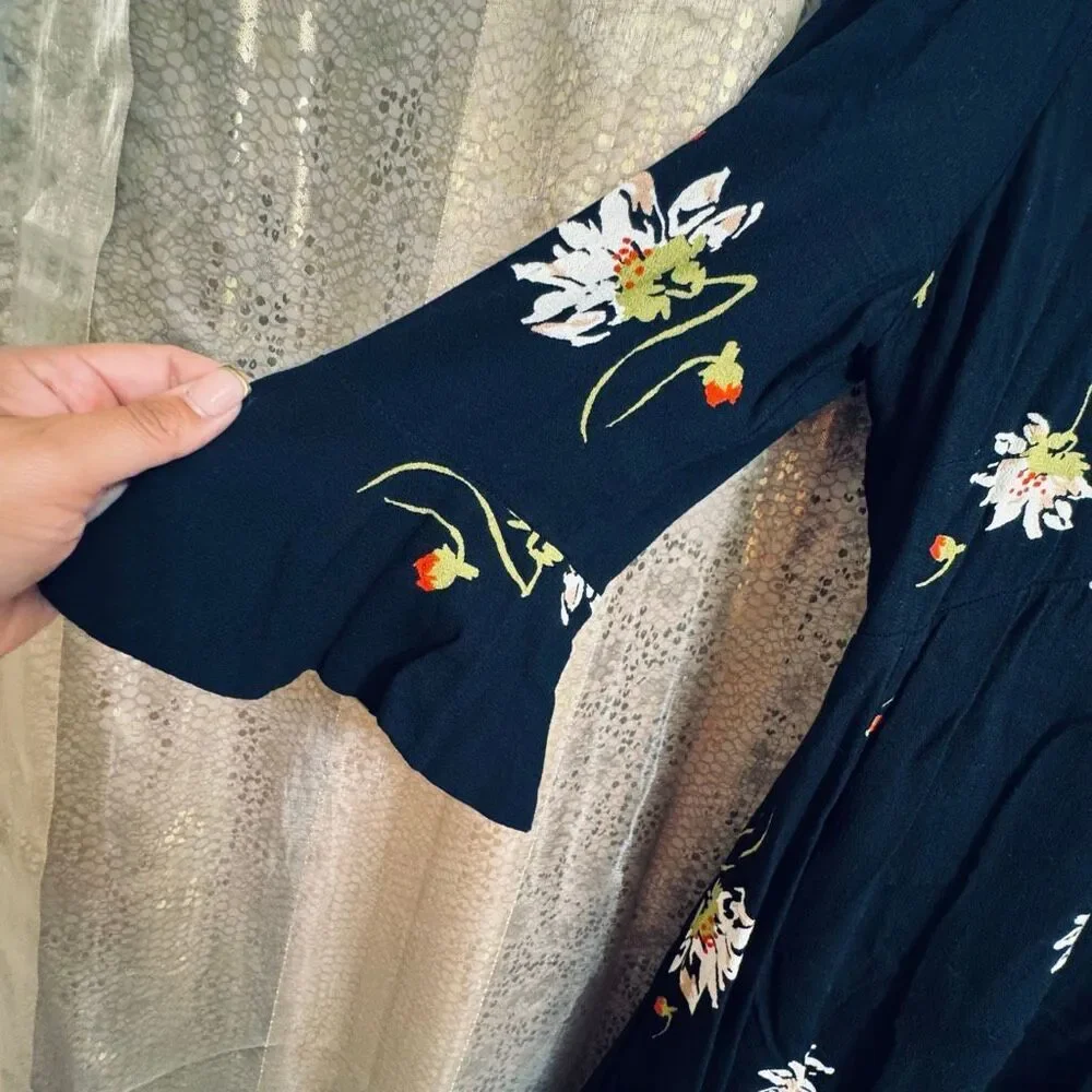 Free People Time On My Side Black Floral Wrap Mini Dress Medium